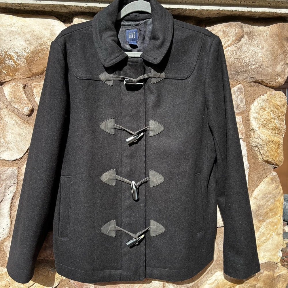 Vintage GAP Black Wool Blend Coat Large Toggle Zip Peacoat Fishermen Preppy